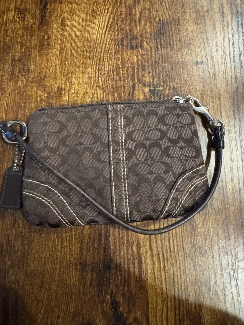 Coach Brown Signature Canvas Wristlet with Leather Trim